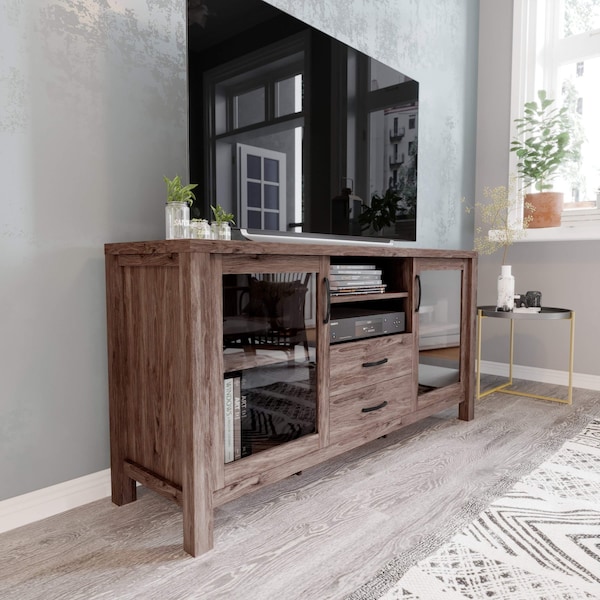 Flash Furniture Dion Brown 59 Inch Kitchen and Dining Room Buffet Sideboard Storage Cabinet, 2 Drawers, Open Shelf EV-CA7515-ZZ-BR-GG - main